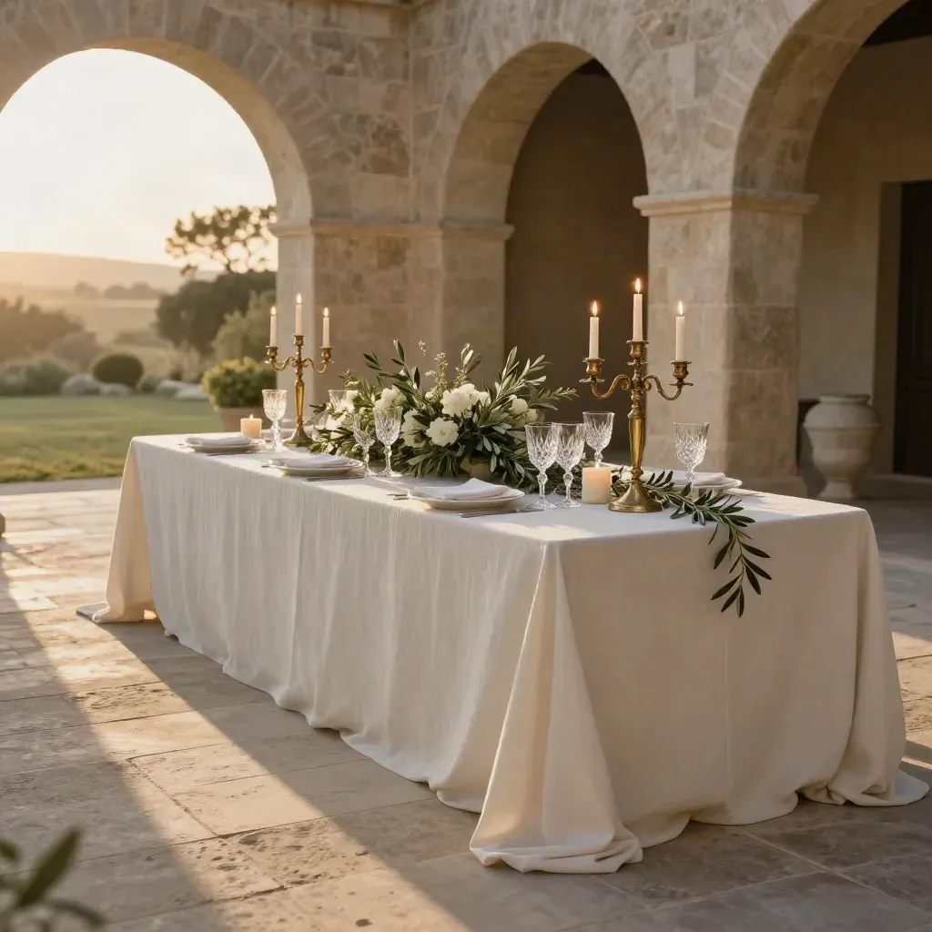 Mesa imperial de boda en finca de piedra con lino marfil, candelabros y centro de olivo al atardecer.