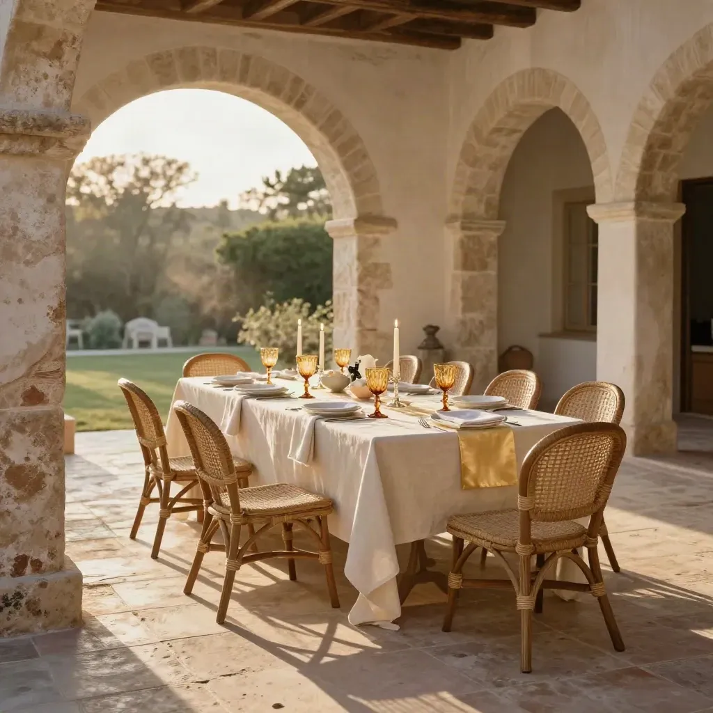 Patio de finca toledana listo para una boda íntima, con cena montada, sillas alineadas y luz dorada.