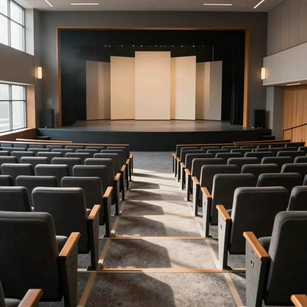 Auditorio corporativo vacío con tres zonas de asientos y escenario limpio.