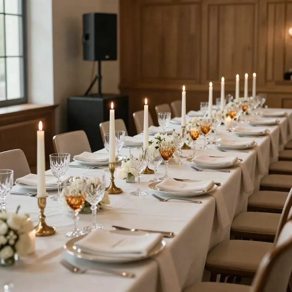 Salón elegante preparado para una cena de aniversario corporativo con velas, copas y sonido discreto.