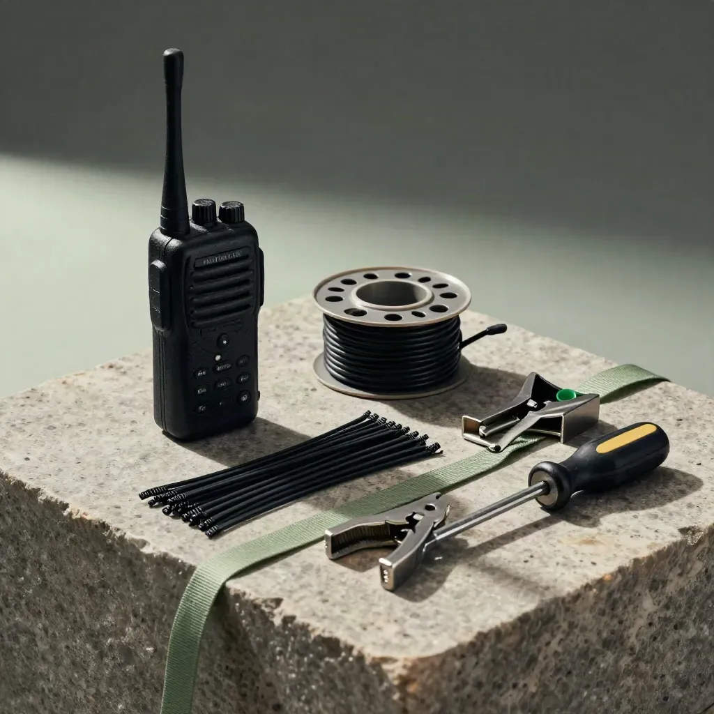 Kit de montaje con walkie-talkie, cable, bridas y destornillador sobre piedra.