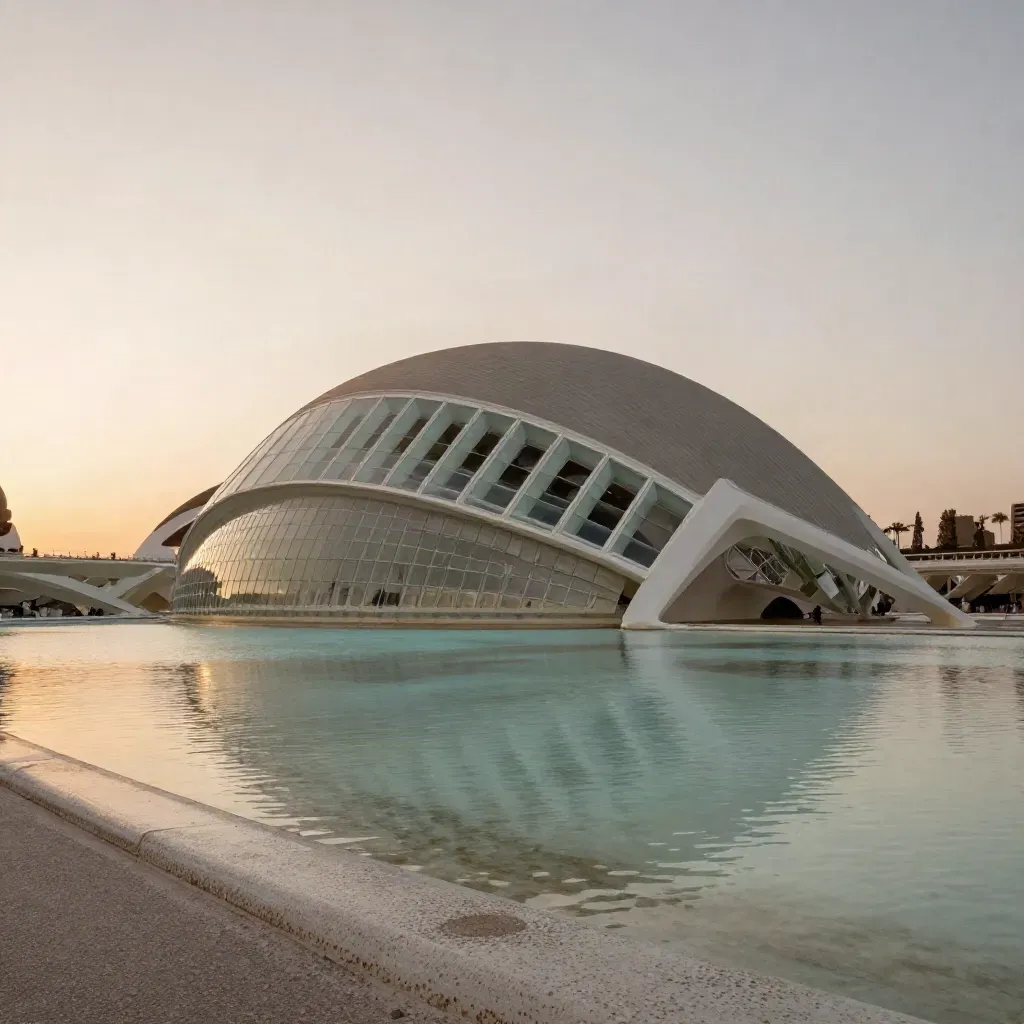 Ciudad de las Artes y las Ciencias sobre agua tranquila al atardecer con cielo pastel.
