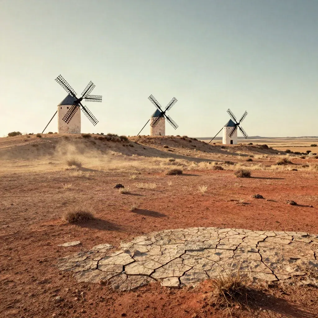 Molinos de La Mancha sobre una llanura seca, con cielo amplio y luz de tarde.